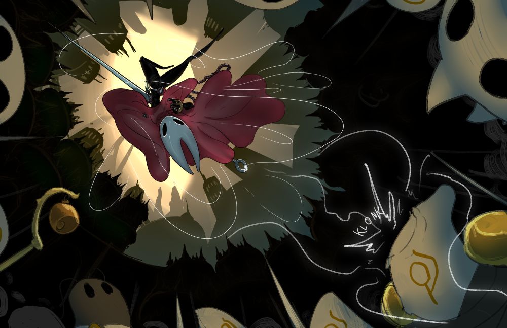 Hornet bounces off a Chorus Bug's head, as a number of others all peer upwards. Hornet herself is framed by the Citadel, towers and structures all reaching into the sky as they surround her with barbs and lace. Silk follows her, gathered from the bug she just bonked in the head, as she raises one claw and readies her needle with the other.