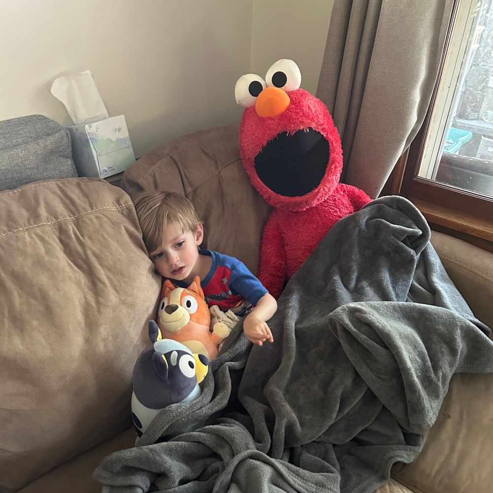 My 2.5 year old son sitting under a blanket with Bluey and Bingo plushies and an unnecessarily large Elmo.