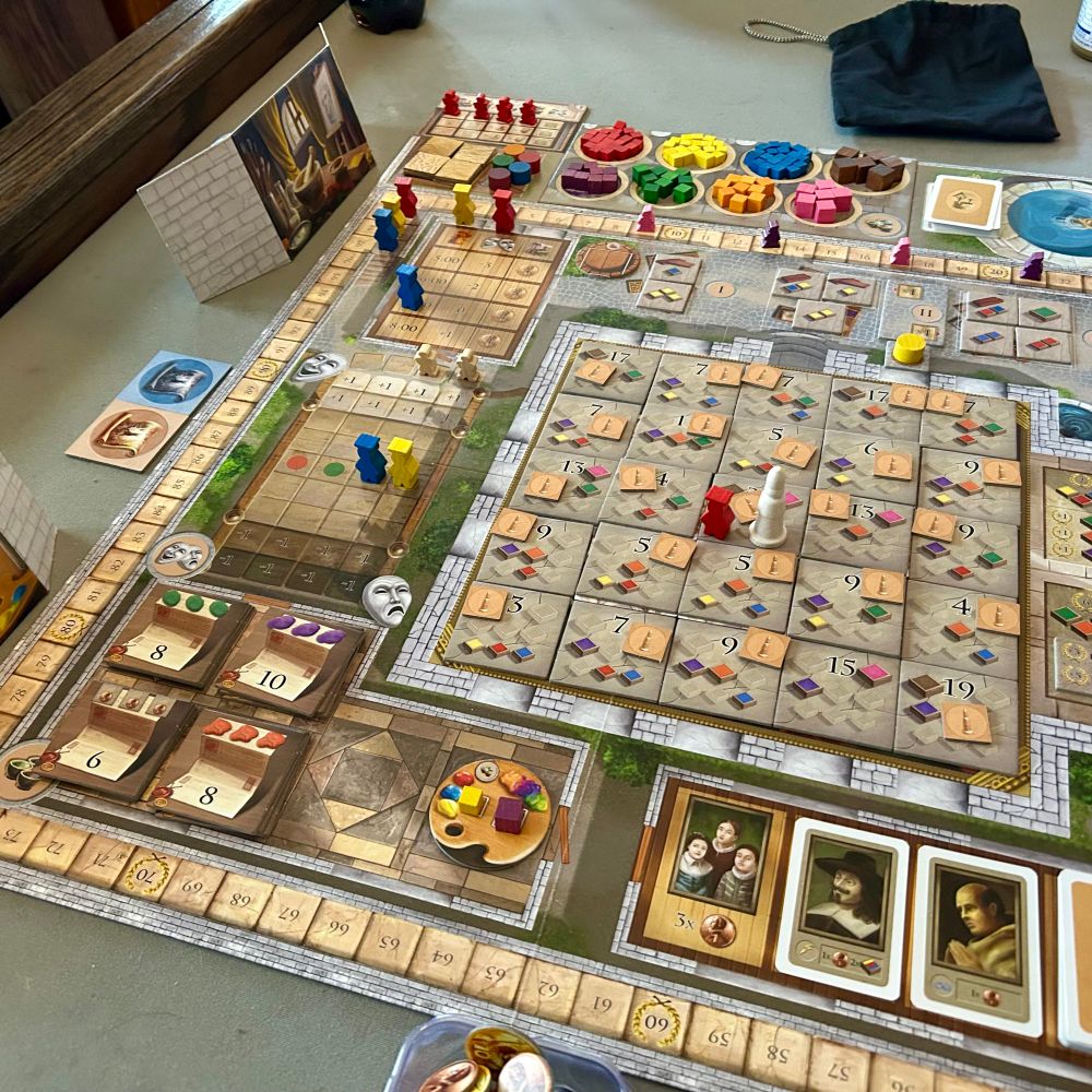 The board game Fresco set up for 2 players with multiple expansions.