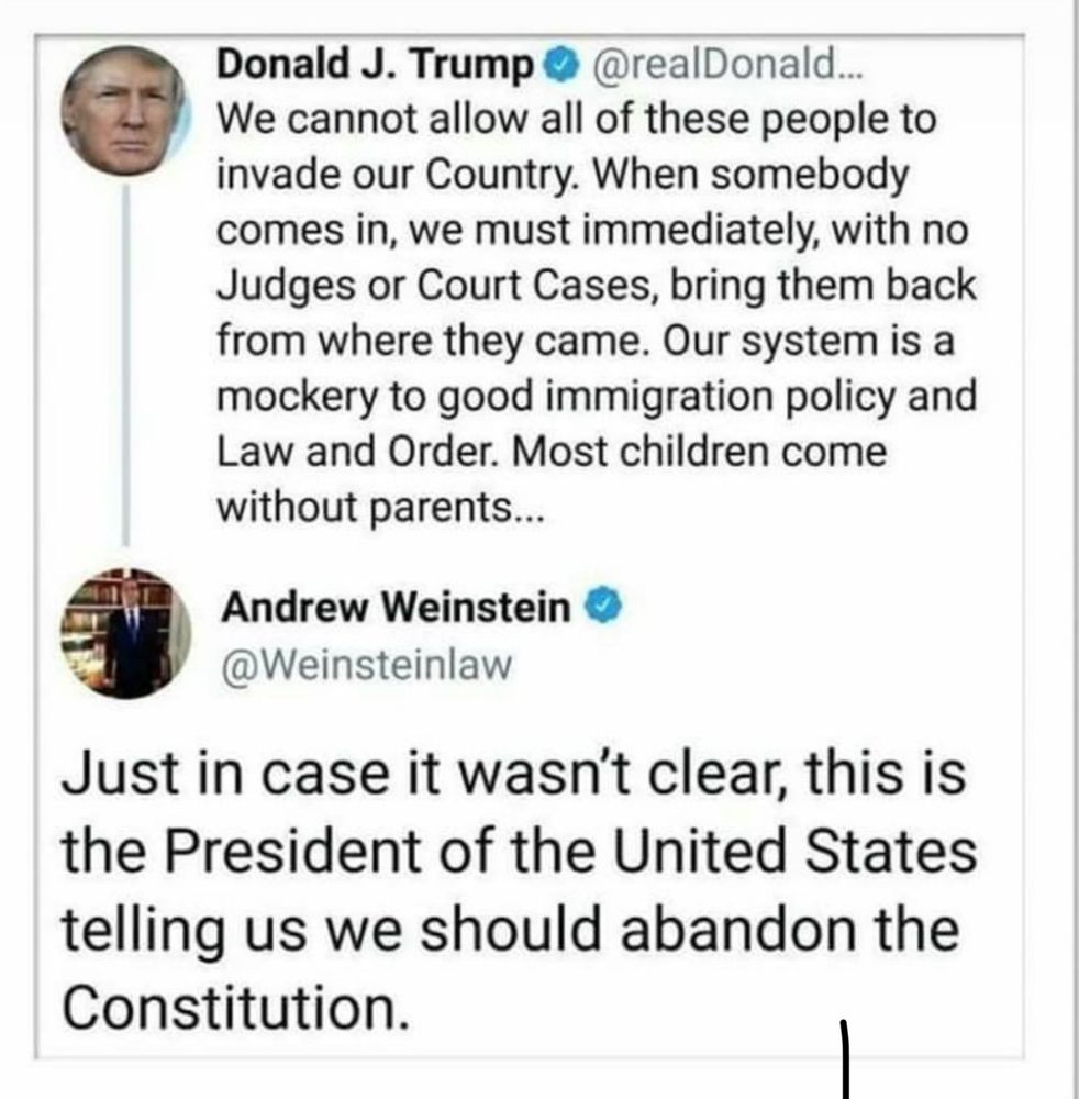 Donald J. Trump
@realDonald...

We cannot allow all of these people to invade our Country. When somebody comes in, we must immediately, with no Judges or Court Cases, bring them back from where they came. Our system is a mockery to good immigration policy and Law and Order. Most children come without parents...


Andrew Weinstein 
@Weinsteinlaw

Just in case it wasn't clear, this is the President of the United States telling us we should abandon the Constitution.