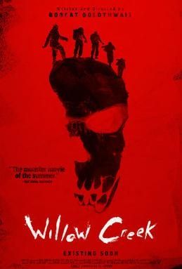 Red Poster for the Bigfoot found footage movie Willow Creek with a giant spooky footprint on it 