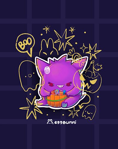 Cute art digital illustration of Gengar the Pokemon hoarding a bucket of Halloween candy