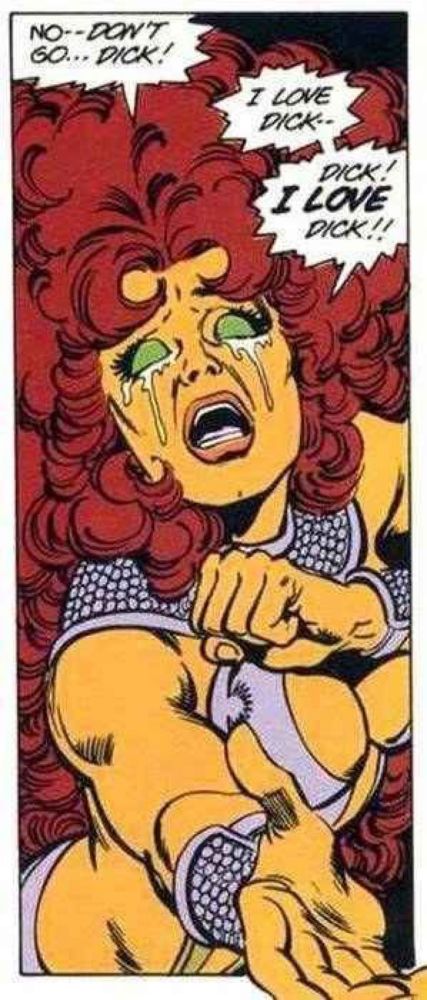 Starfire seen pleading for Dick. 