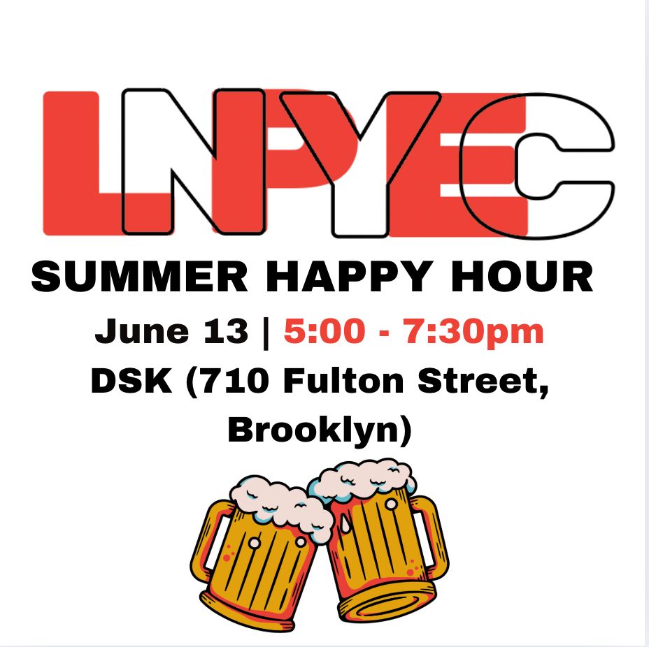 LPE NYC logo, Summer Happy Hour, June 13 5-7:30pm, DSK (710 Fulton St) [cheersing beer mugs]