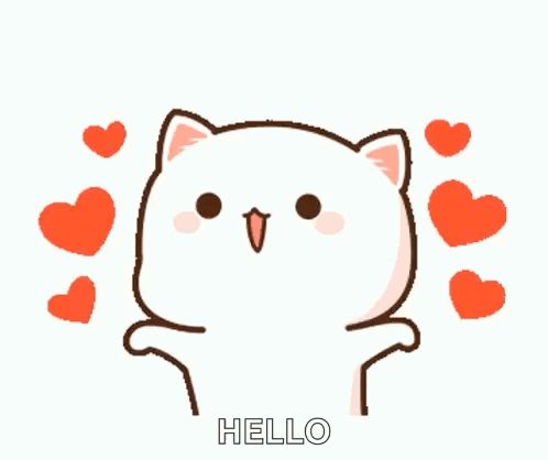 a cute cartoon cat is surrounded by hearts and says hello .