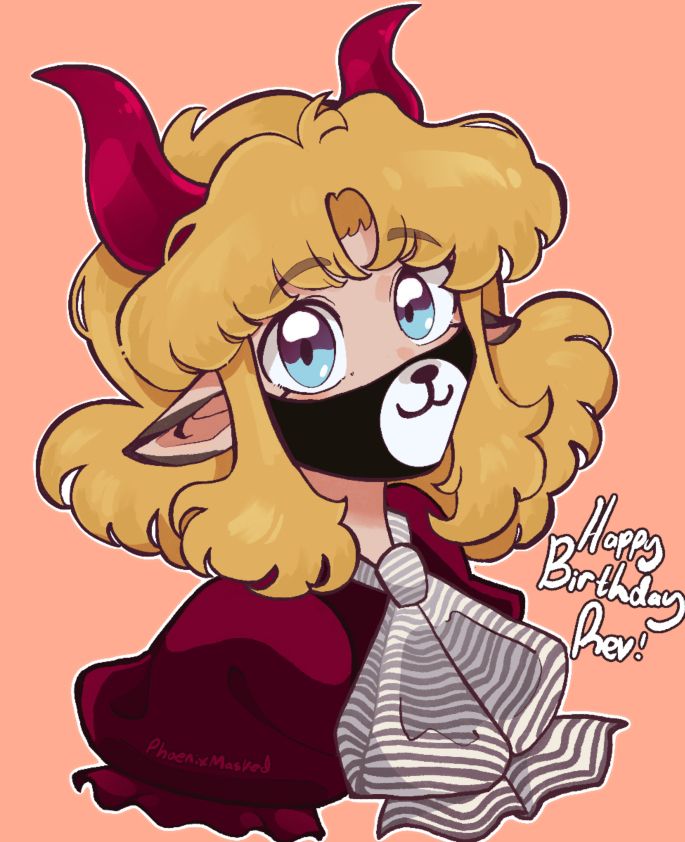 revspicy bust up drawing, all done in an anime style. to the right it reads “happy birthday rev!”