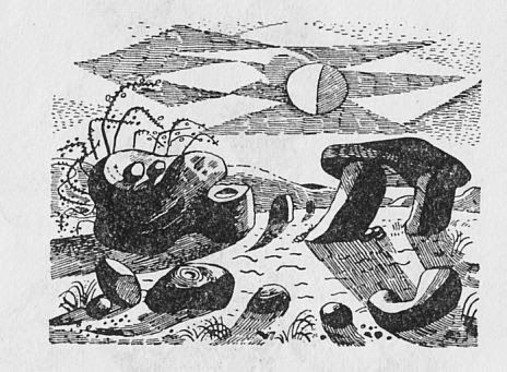Illustration of a chambered tomb on the right-hand side and scattered boulders, a few apparently showing 'cup and ring' marks. A half-moon illuminates the scene