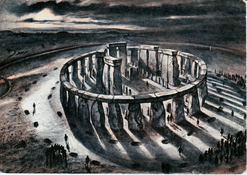 Artwork of Stonehenge in the Bronze Age with long shadows and silhouettes of many people standing in groups outside it. It is stated to have been published by Ministry Of Public Building and Works.
