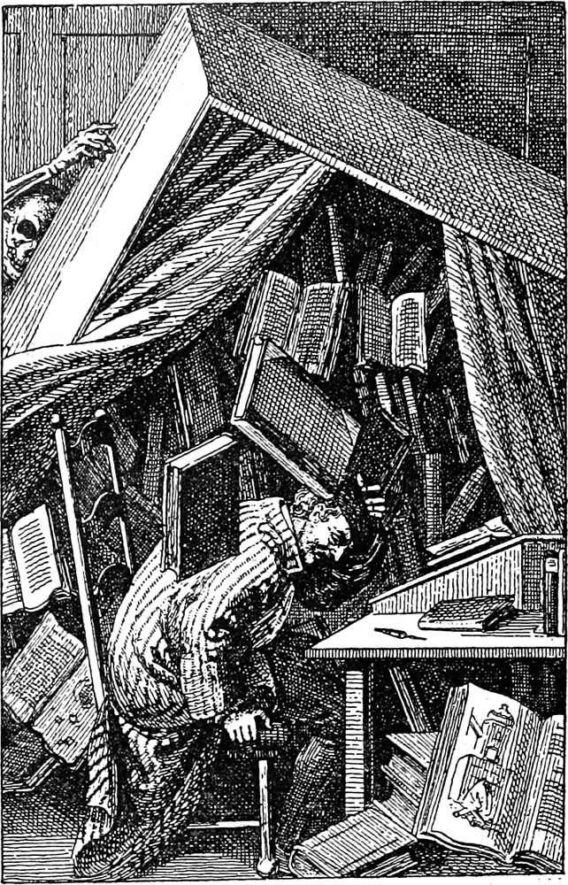 Engraving of a man having a bookcase pushed over onto him by a skeletal figure creeping into the left-hand side of the picture.