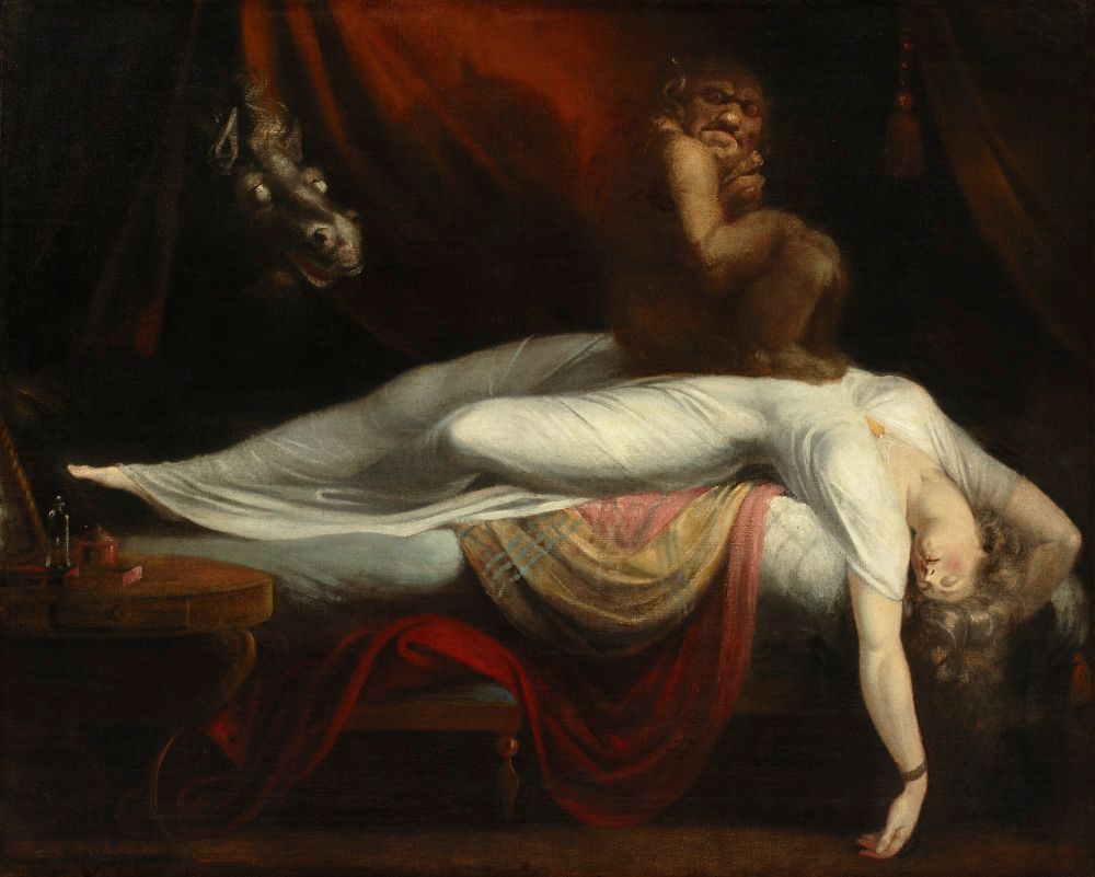 Henry Fuseli's 'The Nightmare'. A woman in a white gown lies prone on a bed, with an ugly imp-like figure sitting on her body and glaring at the viewer. Behind them a black horse's head with staring white eyes has pushed its way through red curtains.