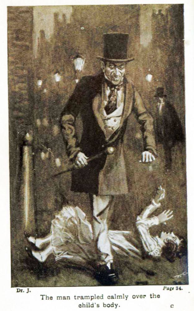 A grinning Mr Hyde walks over a small girl writhing on the ground. The caption reads: 'The man trampled calmly over the child's body.'