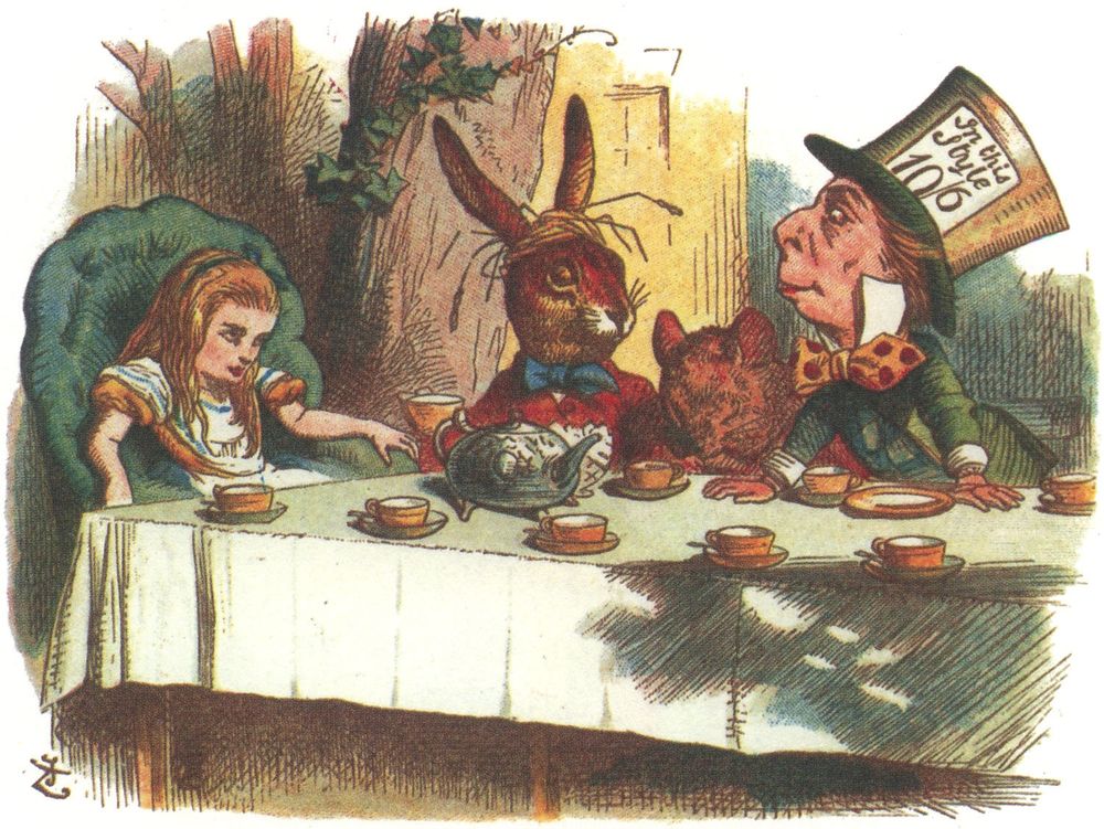 Colour version of John Tenniel's illustration of the Mad Hatter's Tea Party in Alice In Wonderland.