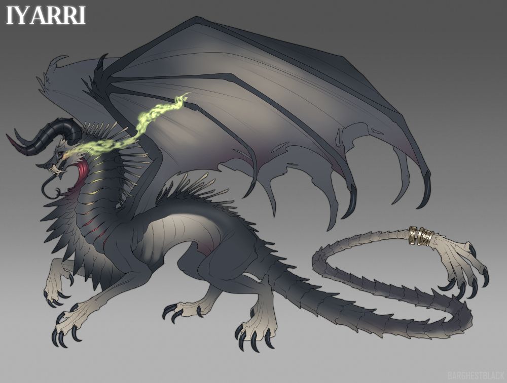 Reference of a dark gray and beige dragon with large vertebrae like spines and a claw at the end of his tail. He has a greenish flame coming from his mouth.