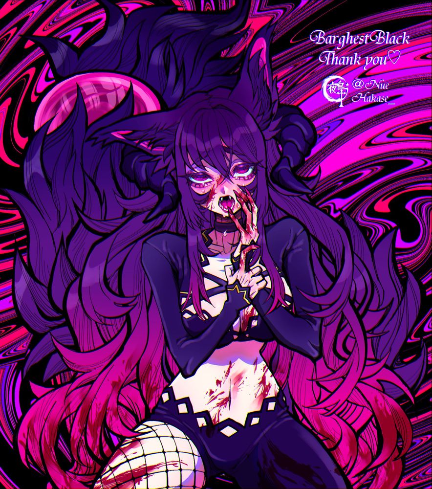 Thigh up illustration of a wolf girl with purple and pink hair, she's covered in blood and looking at the viewer