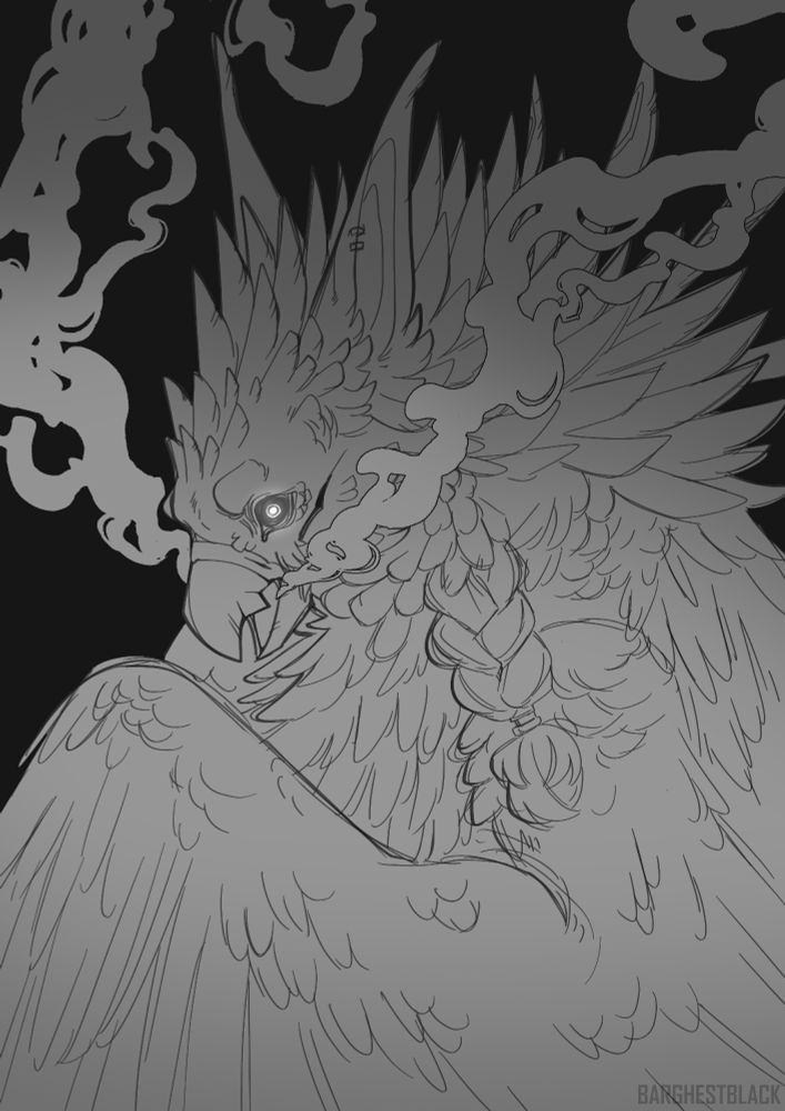 Sketch of Ambrose's phoenix form looking intimidating and spooky with smoking coming from his mouth
