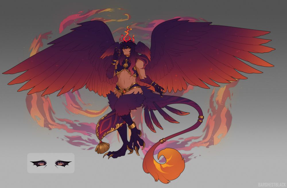 Reference of a tan man with large phoenix wings and additional wings coming from his head. He's got a long tail, harpy-like legs and a sly look on his face.