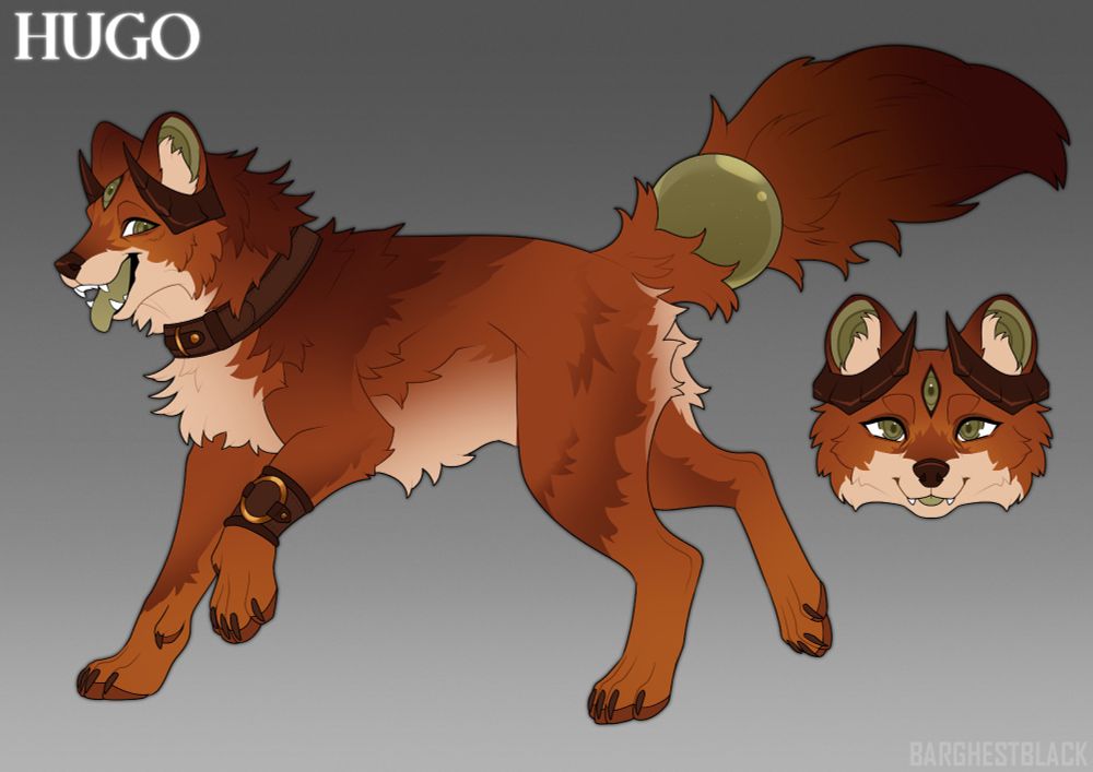 Barghest that looks like a dhole, he's got dark brown horns that wrap around his ears, green eyes, tongue, inner ears and tail orb. He looks very happy towards the viewer and wearing a leather collar and bracer