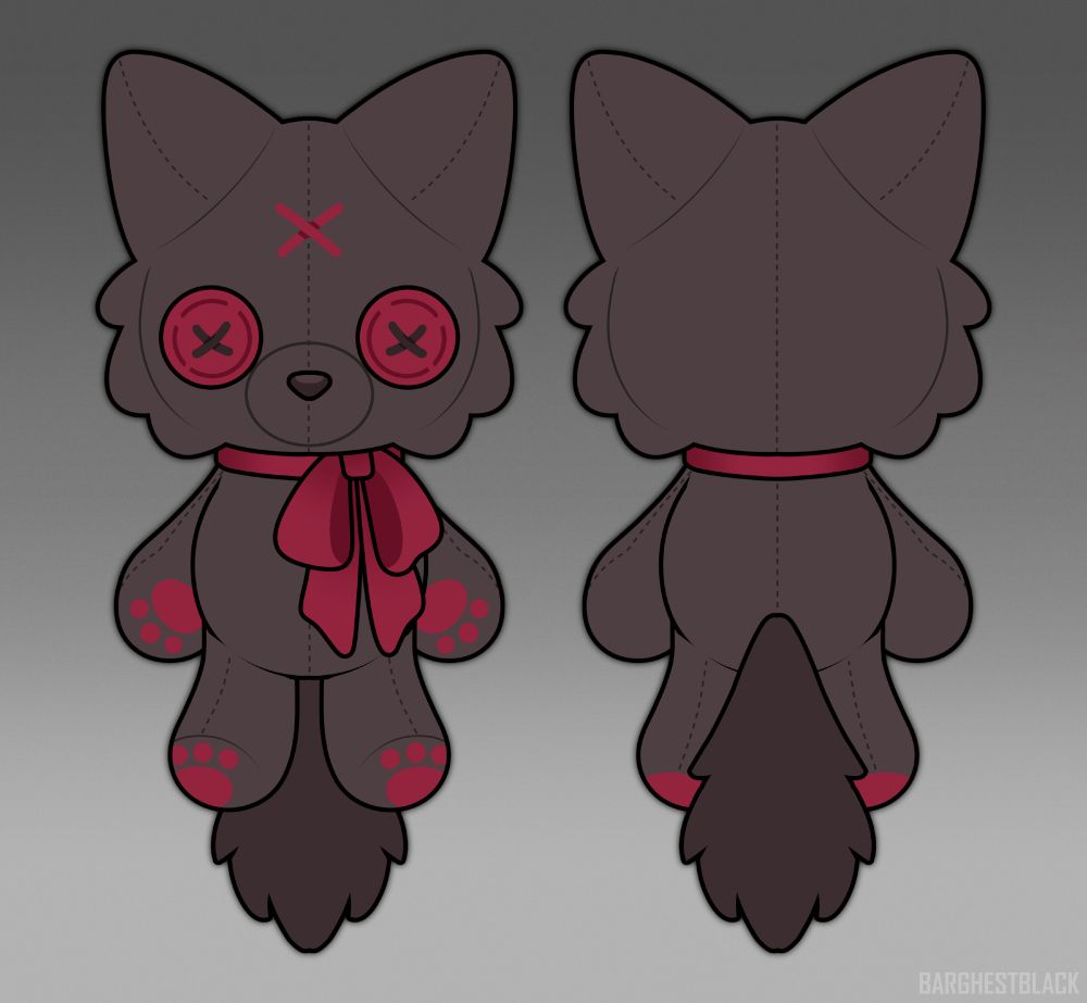 Black wolf plushie with red button eyes, a red "X" on the forehead, red ribbon and red paws