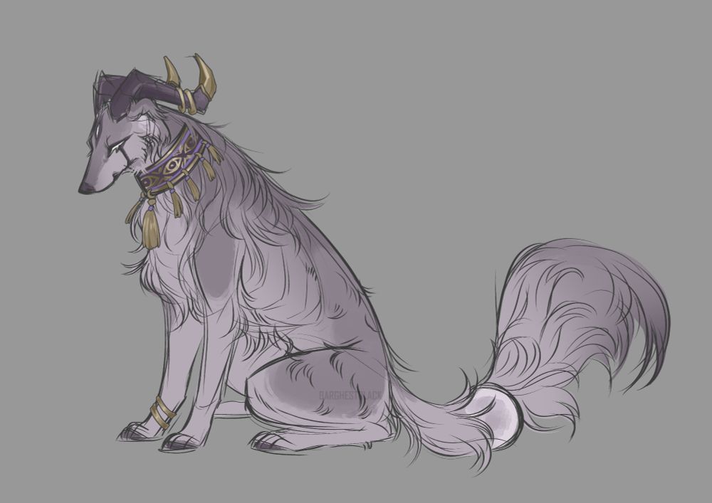 Sketchy drawing of a borzoi with horns that curve back with gold tips, and a large collar with eyes on it and tassels. She is a grayish-purple color