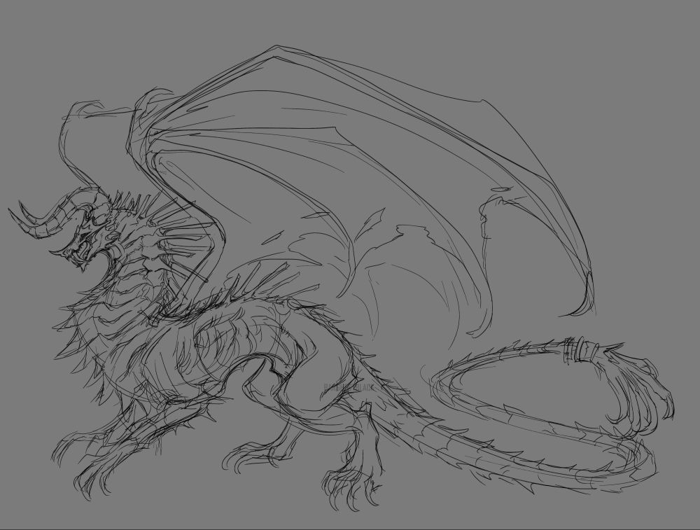 Rough sketch of a large dragon with vertebrae-like spines and a claw at the end of his tail