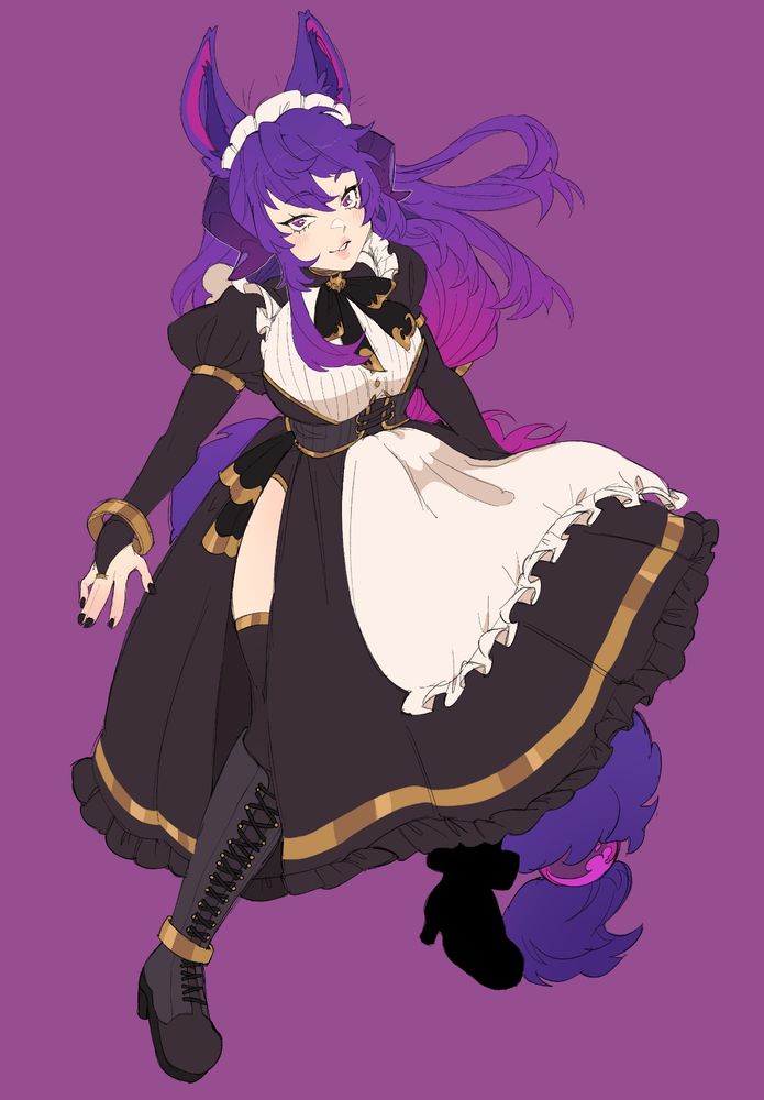 Drawing of a purple haired wolf girl wearing a long maid dress with a cut out on the side of the skirt that shows her thighs and legs.