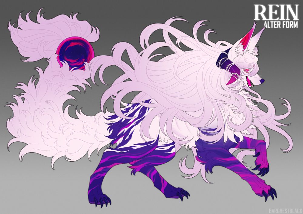 Reference of a white wolf with curled horns and wavy long hair that ombres into a light purple, she also has dark purple and pink striping that goes up her legs