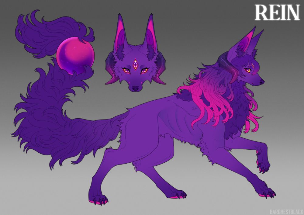 Reference of a dark purple wolf with curled horns and wavy long hair that ombres into a warm pink