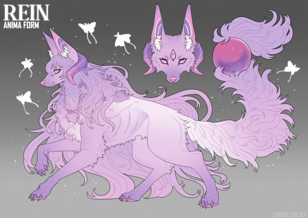 Reference of a light purple wolf with curled horns and wavy long hair that ombres into a light pink, she also has a braid in her hair and spectral white moths.