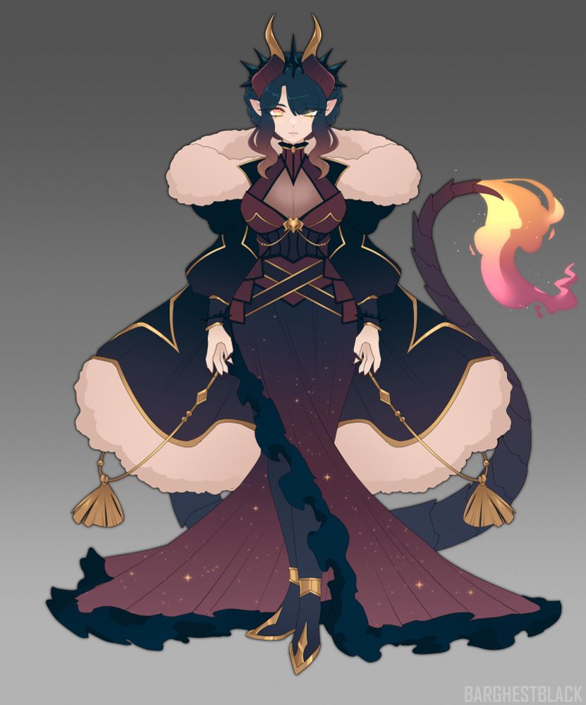Reference of a dragon queen with a long maroon and blue dress that opens up on the side to show her legs. She has a large fluffy coat and a long dragon tail with a flame at the end. Her hair is up in a braid-updo and has tall horns that curve up.