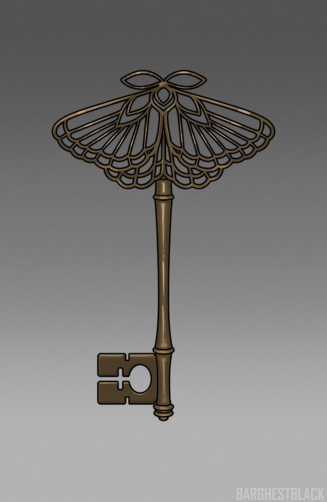Antique brass skeleton key with a moth design at the head of the key