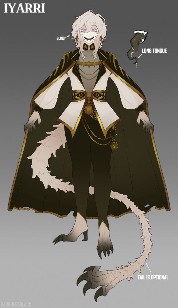 Reference of a male OC with wavy blonde hair, creepy smile and light purple, blind eyes. He has clawed hands and feet, a long skeletal tail with a claw hand at the end and a long tongue. His outfit is various shades of greenish-black, white and gold.