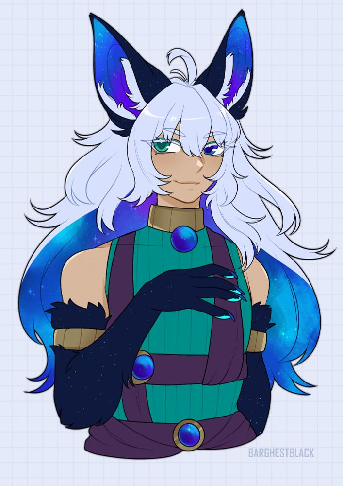 Illustration of a fennec-kitsune hybrid feminine man. His hair is white with a galaxy underlayer. Dark blue fennec ears and furry arms.