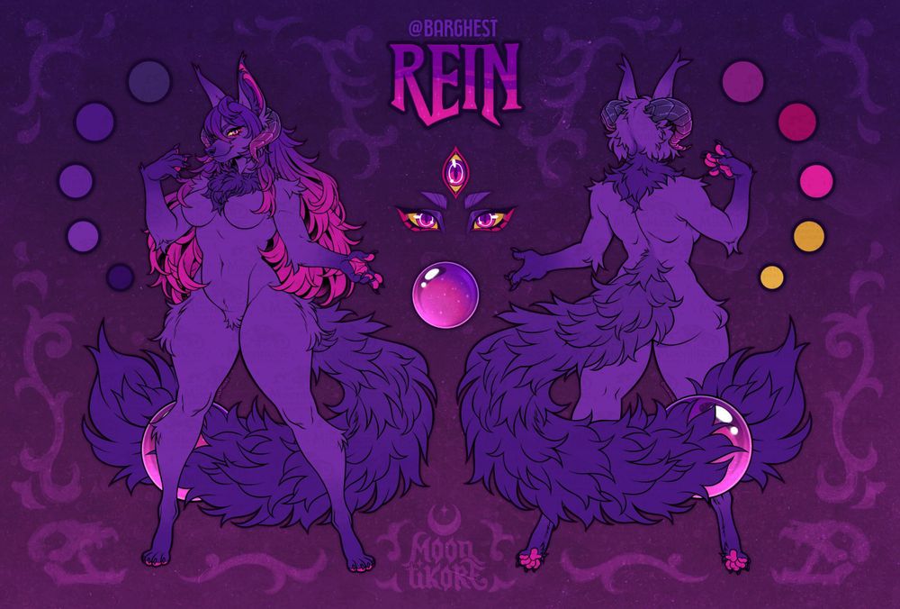 Furry reference sheet of a purple barghest girl with purple and pink hair, horns and a third eye. Ref by Moontikore!