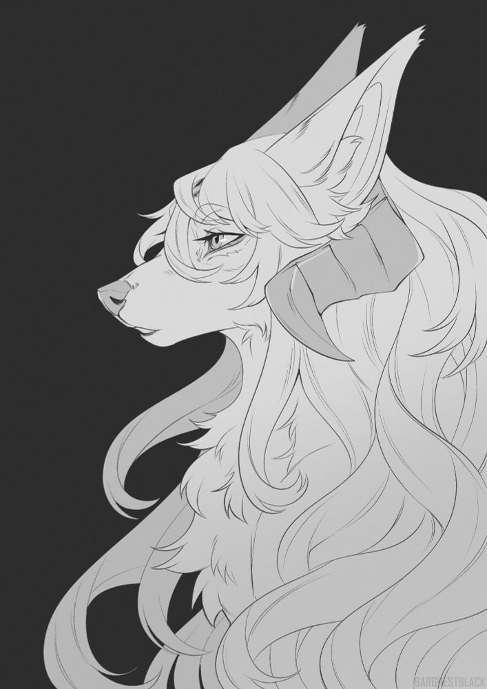Grayscale bust of a wolf with long wavy hair and bangs, curved horns that frame the side of her face. She's looking wistfully to the left