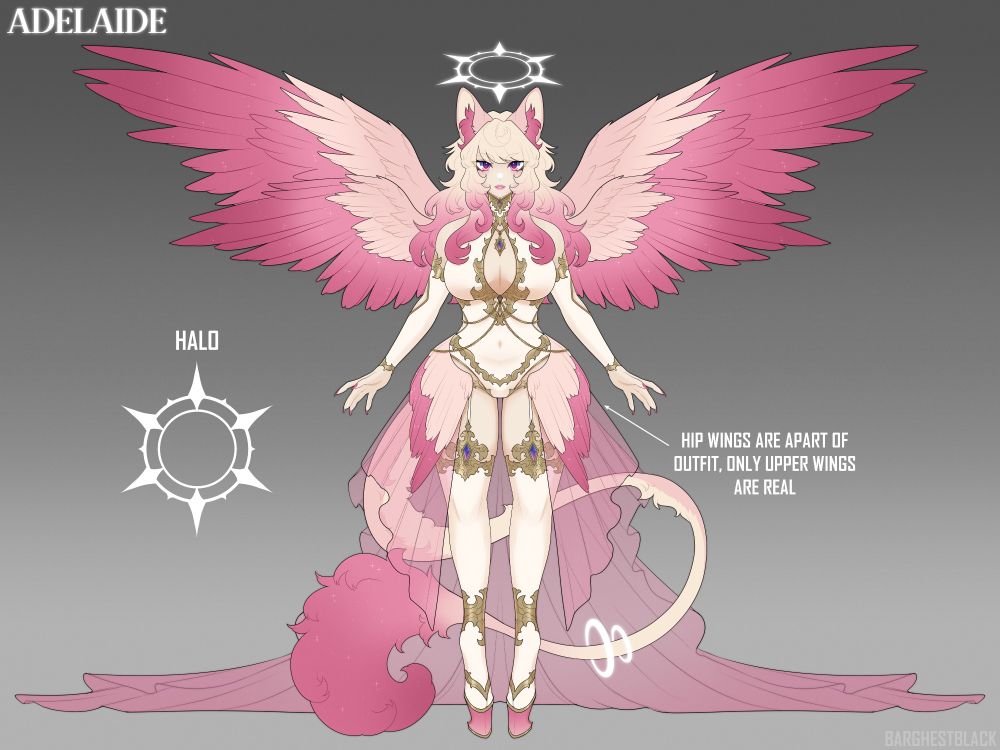 Reference of a woman with light blonde-pink hair, two pairs of pink angel wings, wearing a white and gold bodysuit and leggings with with blue-pink gem stones. There's sheer skirting around her waist that trails behind her and two false wings wrapping around her hips. She has a long skinny tail with a large poof at the end and upright dog ears and a complex halo above her head.
