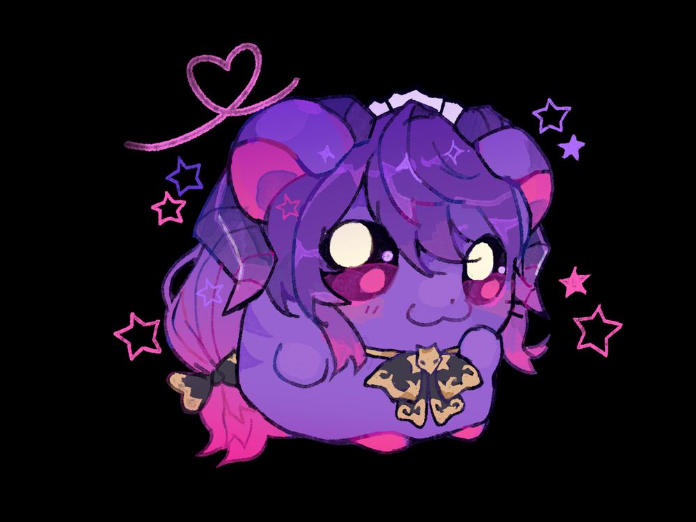 Drawing of a purple hamster in Hamtaro-style. With long wavy purple and pink hair, horns and an elegant bow around her neck.