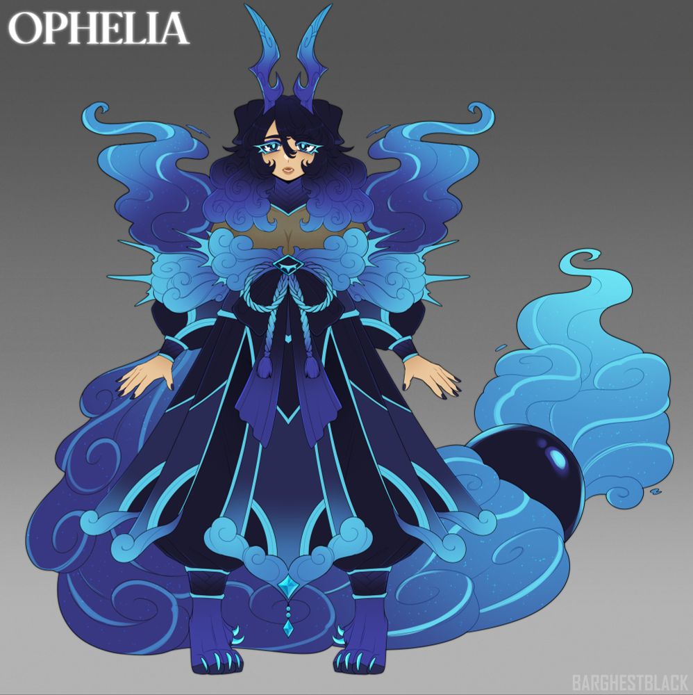 Reference of a woman with an elaborate outfit that is black and blue. She has floppy dog ears and tall pointed horns. Black-blue curly hair and a long tail with curls