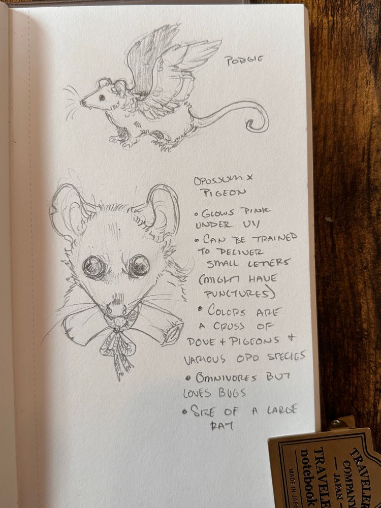 Sketch of an opossum with bird wings with “Podgie” written next to it. Another podgie sketch holding a letter in its mouth. Text reasons: Opossum x pigeon - Glows pink under UV - Can be trained to deliver small letters (might have punctures) - Colors are a cross of dove+pigeon and various opo species - omnivores but loves bugs - size of a large rat 