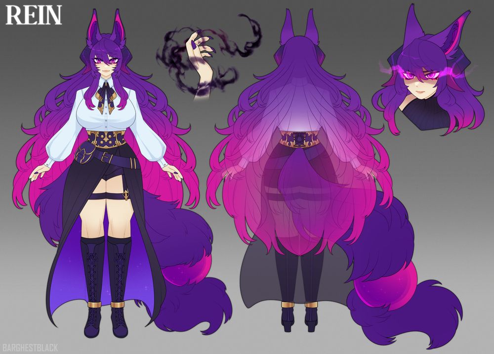 Reference sheet of a purple and pink haired kemonomimi barghest woman with a white blouse top, a long open skirt, shorts and boots. She has a long purple wolf tail with a pink tail orb.
