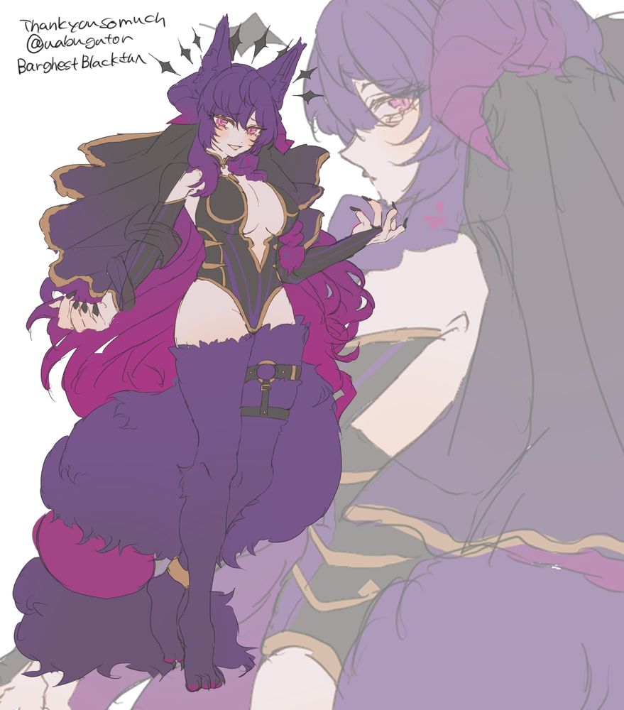 Drawing of my OC Rein (purple kemonomimi wolf girl with horns) wearing a bodysuit and veil coming from her hair