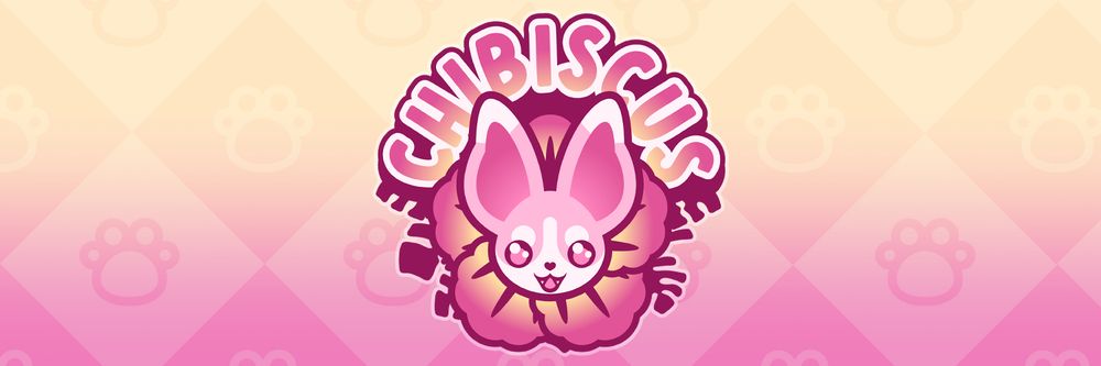 Banner of a pink chihuahua head logo over a pink and yellow hibiscus flower, the text above it reads "CHIBISCUS" in pink and yellow. It's on top of a checkered paw print background pattern.