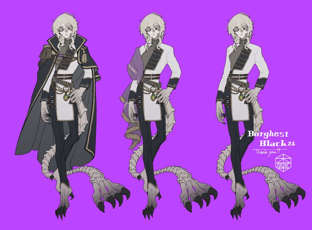 Outfit designs of a light-blonde almost white haired man with skeletal dragon feet and tail. He's wearing a black cape over  a white coat and skin-tight black pants. He's adorned with belts and a small greet potion bottle. 