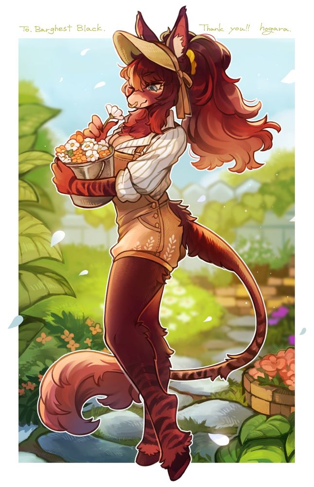 Illustration of a reddish-brown anthro donkey girl in short overalls and striped button up holding a bucket of flowers. She's standing in front of a garden scene.