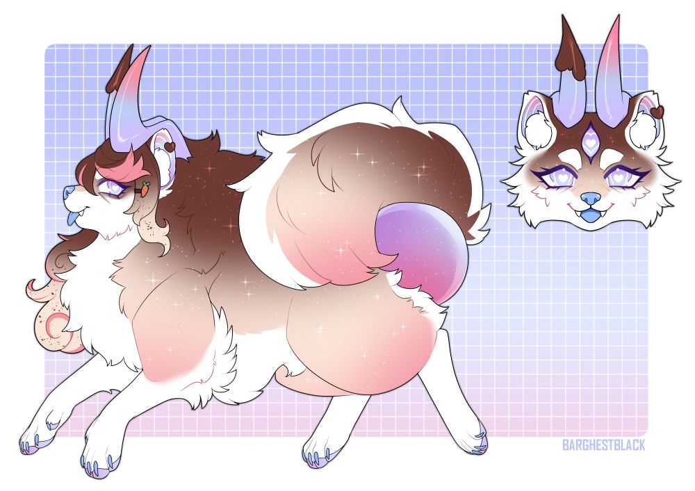 Reference of a brown-cream-pink pomeranian barghest with brown hair-cream wavy hair and pink highlights.