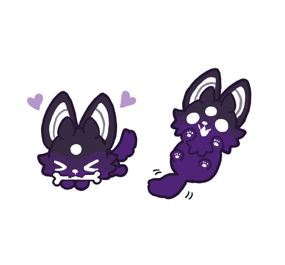 Two chibi drawings of little shadow puppies with horns and a third eye. The first one is chewing on a bone, the second is on it's back