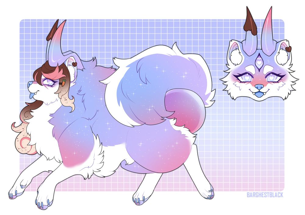 Reference of a blue-purple-pink pomeranian barghest with brown hair-cream wavy hair and pink highlights.