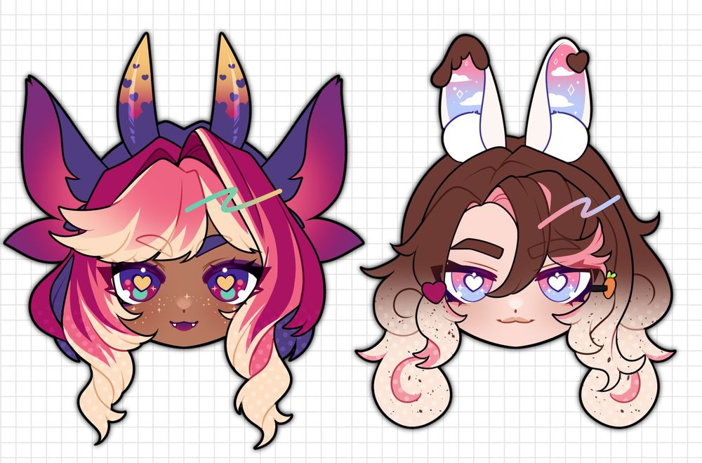 Chibi head of a girl with horns, big dragon ears and purple/pink and blonde hair - and another of a girl with bunny ears with brown and blonde hair.
