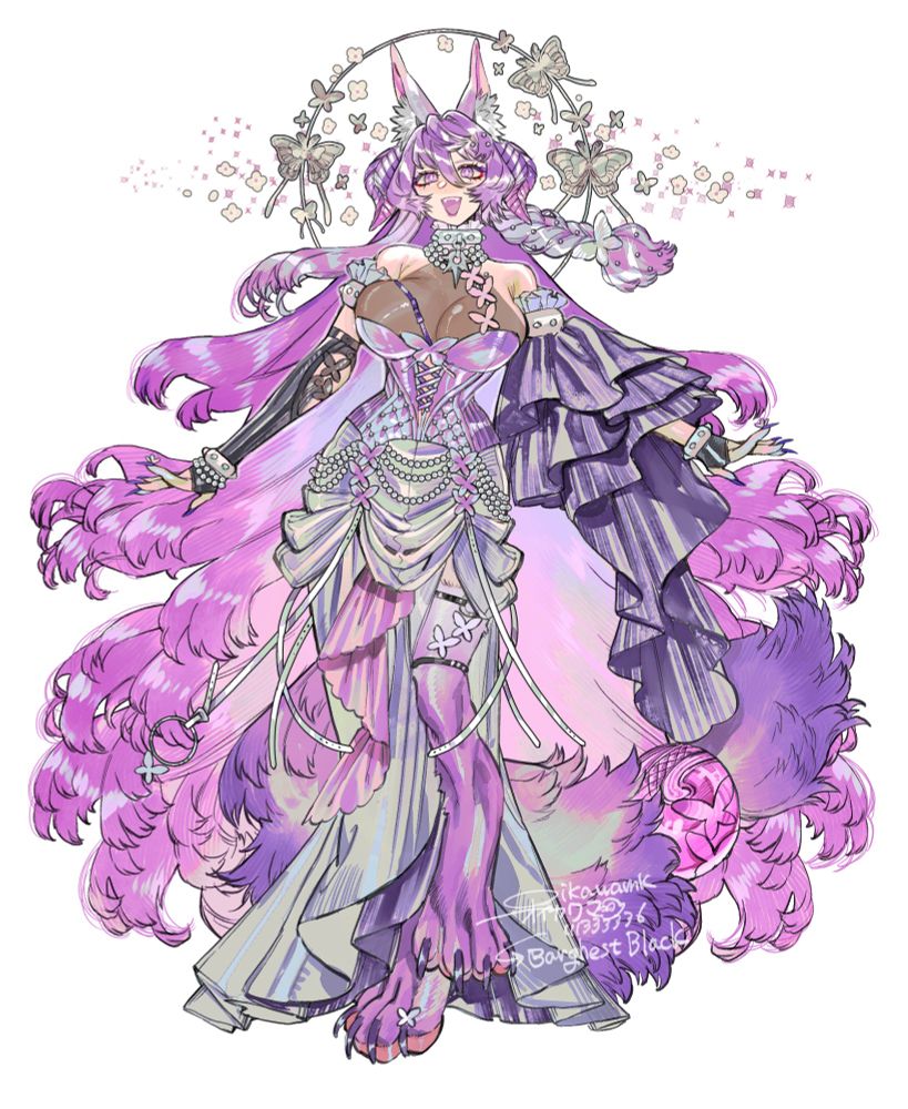 Illustration and outfit design of my OC Rein in her anima form. With a moth/butterlfy-motif outfit - corset and long ruffly skirt, asymmetric arm sleeves and a large moth halo behind her. Her feet are digitigrade wolf legs.