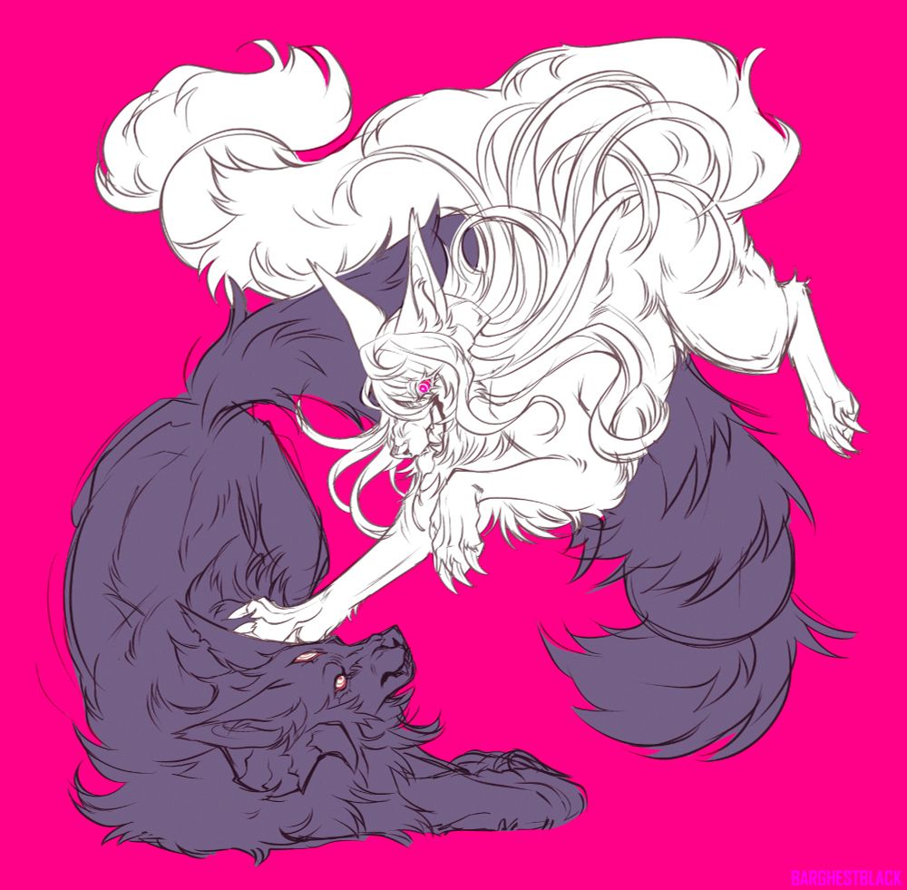 Sketch of my two barghest OCs fighting, a crazed Alter Rein pinning down the larger Somber