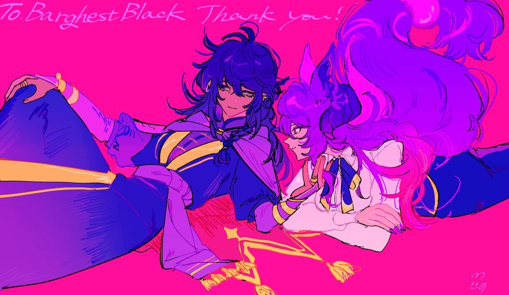 Drawing of my OCs Ambrose and Rein laying on the ground, Ambrose is gently twirling Rein's hair while she looks at him